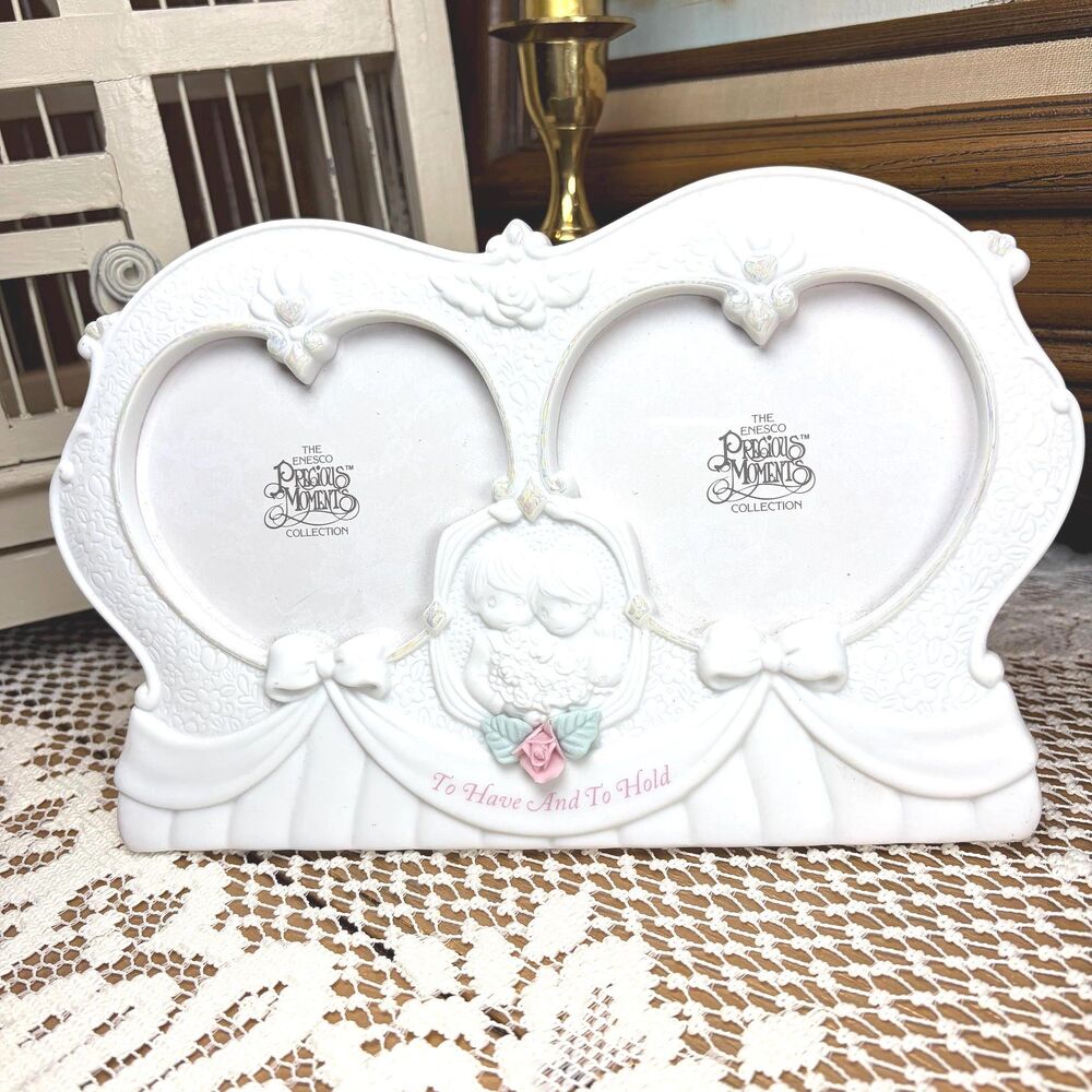 VTG Precious Moments Enesco Porcelain Double Heart Photo Frame To Have And Hold